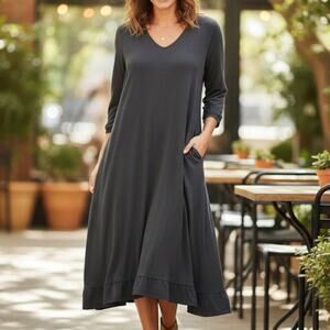 CottonWays Penelope Feed Sack Dress V Neck Cotton Gauze Gray Oversized Lagenlook